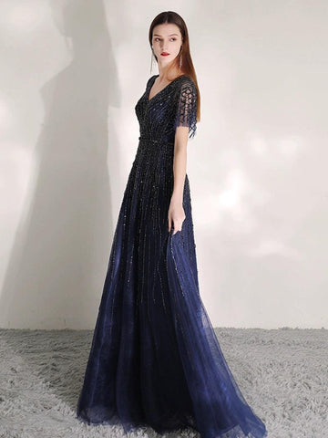 Robe de soirée trapèze pour femme, robe de bal perlée, longue, col en V, robe formelle pour femme 