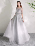 Women's A-Line Evening Dress Beaded Sexy Prom Dresses Half Sleeve Formal Dresses for Women