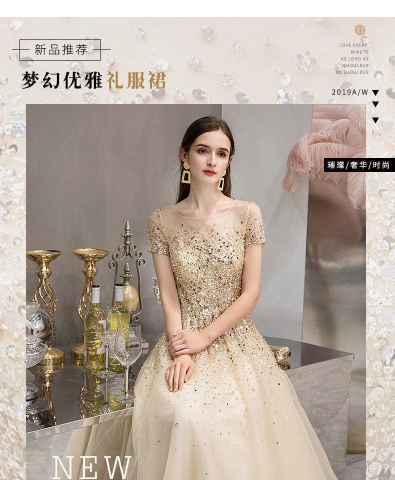 Vestido de noche dorado, elegante y de alta calidad, largo de fiesta. 