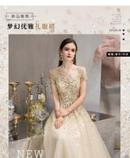 Vestido de noche dorado, elegante y de alta calidad, largo de fiesta. 