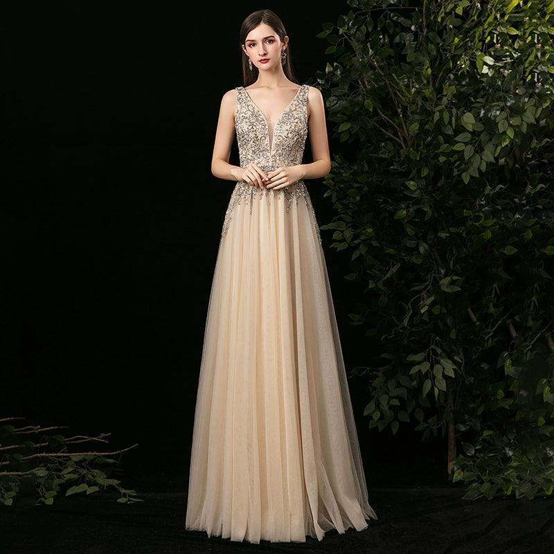 Robe de soirée trapèze sexy pour femme, sans manches, col en V, perles 