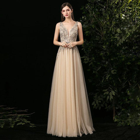 Women's A-Line Evening Dress Sexy Prom Dresses Sleeveless Beaded V-Neck Formal Dresses