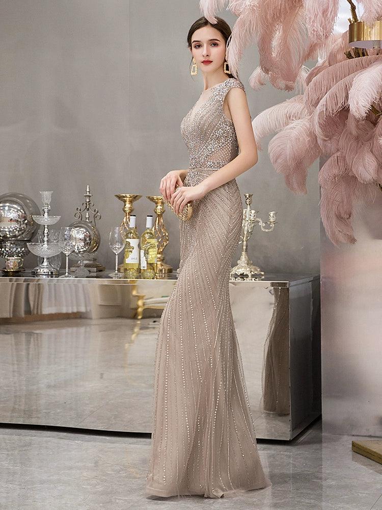 Vestido de noche de sirena para mujer, vestido de fiesta sexy para mujer, vestido largo formal con cuentas, sin mangas 