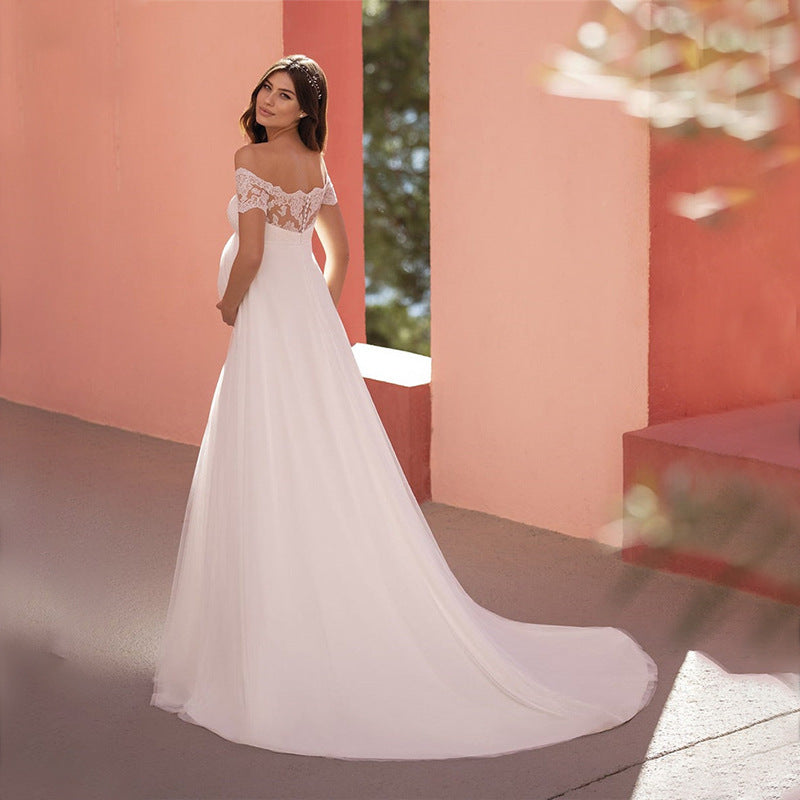 6129#Vestido de novia premamá de encaje de manga corta con cuello de línea y cola de nácar 