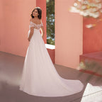 6129#Vestido de novia premamá de encaje de manga corta con cuello de línea y cola de nácar 