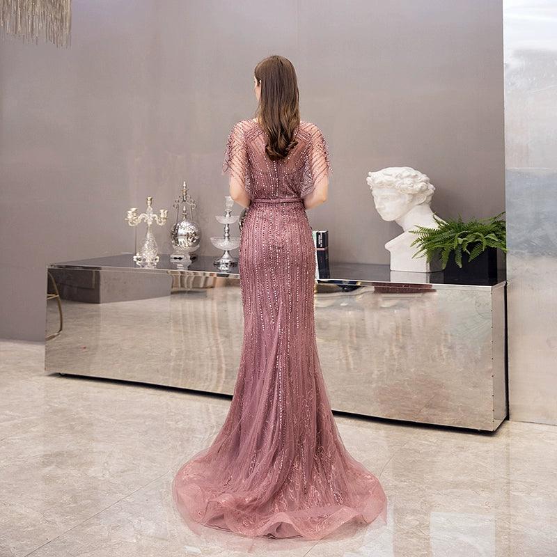 Vestido de noche de sirena para mujer, vestido largo de fiesta con escote en V y cuentas, estilo formal, sexy y largo, para mujer. 