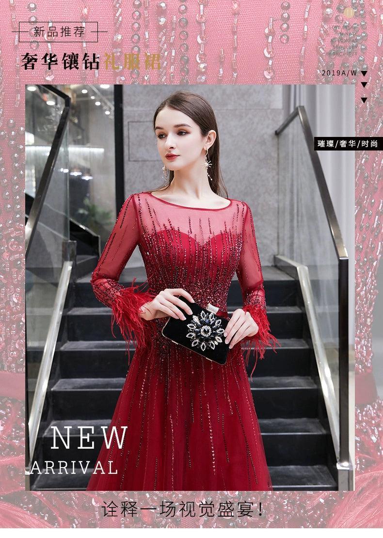 Women's A-Line Evening Dress Sexy Prom Dresses Long Sleeve Beaded V-Neck Formal Dresses