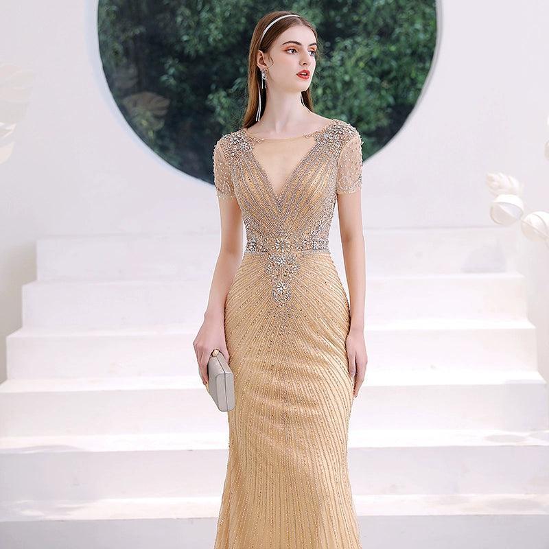 Robe de soirée sirène sexy pour femme, robe de bal longue et élégante avec perles 