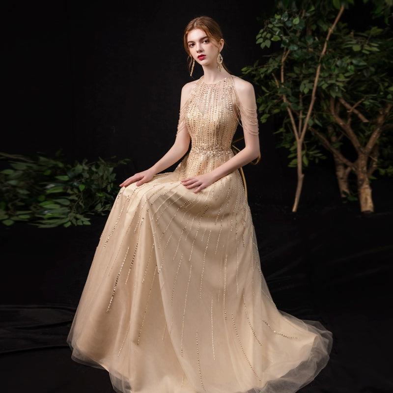 Vestido de noche de corte A para mujer, vestido sexy de graduación, vestido formal con cuentas, sin mangas para mujer 