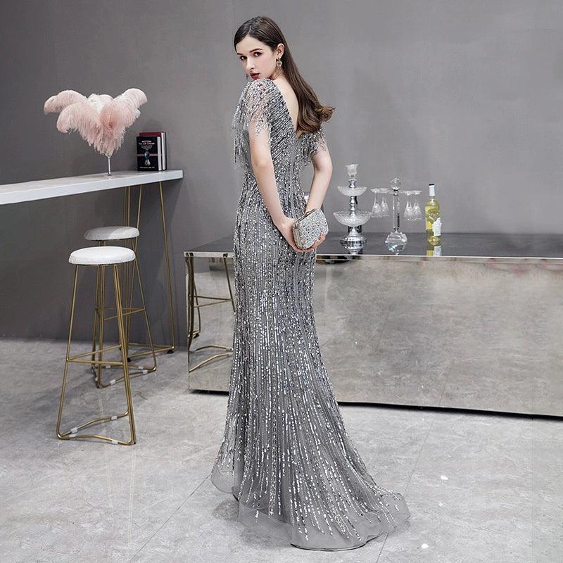Vestido largo de noche sexy estilo sirena para mujer, vestido formal con cuentas y escote en V, vestido de graduación para mujer 