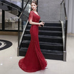 Women's Mermaid Sexy Evening Dress Long V-Neck Formal Dresses Beaded Prom Dresses