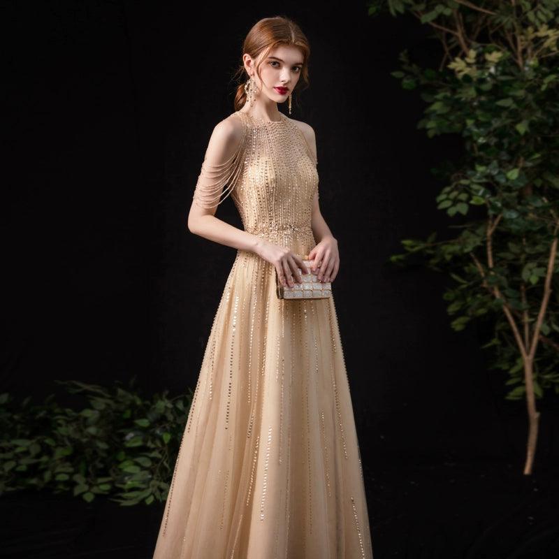 Vestido de noche de corte A para mujer, vestido sexy de graduación, vestido formal con cuentas, sin mangas para mujer 