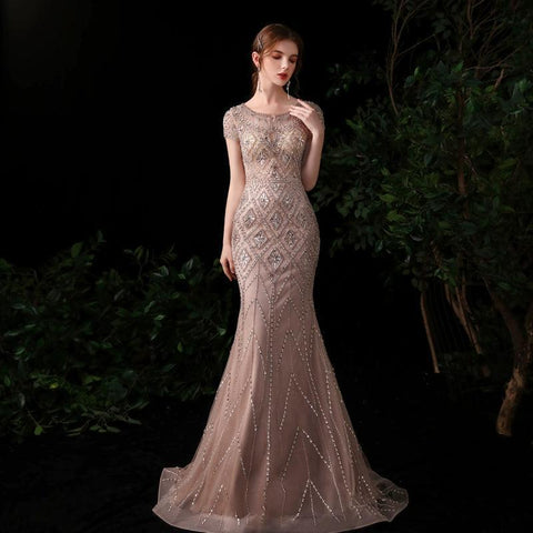 Robe de soirée sirène pour femme, robe de bal sexy, longue, sans manches, avec perles 