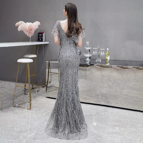 Robe de soirée sirène sexy pour femme, longue robe de soirée à col en V et perles 