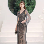 Women's Mermaid Evening Dress Long  Prom Dresses Beaded V-Neck Formal Dresses