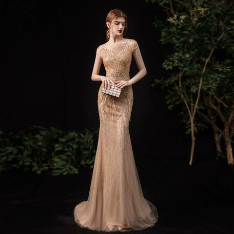 Robe de soirée sirène pour femme, robe de soirée longue et sexy, ornée de perles 