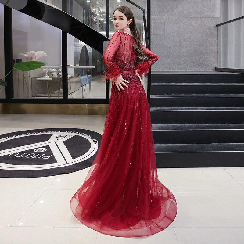 Women's A-Line Evening Dress Sexy Prom Dresses Long Sleeve Beaded V-Neck Formal Dresses