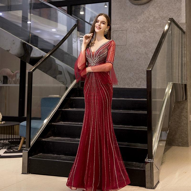Women's Mermaid Evening Dress Long V-Neck Prom Dresses Beaded Formal Dresses
