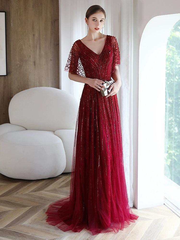 Vestido de noche de corte A para mujer, vestido de fiesta sexy con escote en V, vestido formal con cuentas para mujer 