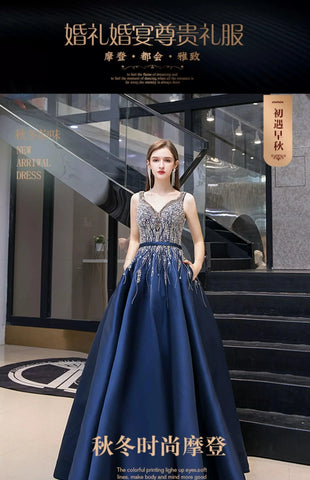 Robe de soirée longue à col en V pour femme, robe de bal perlée 