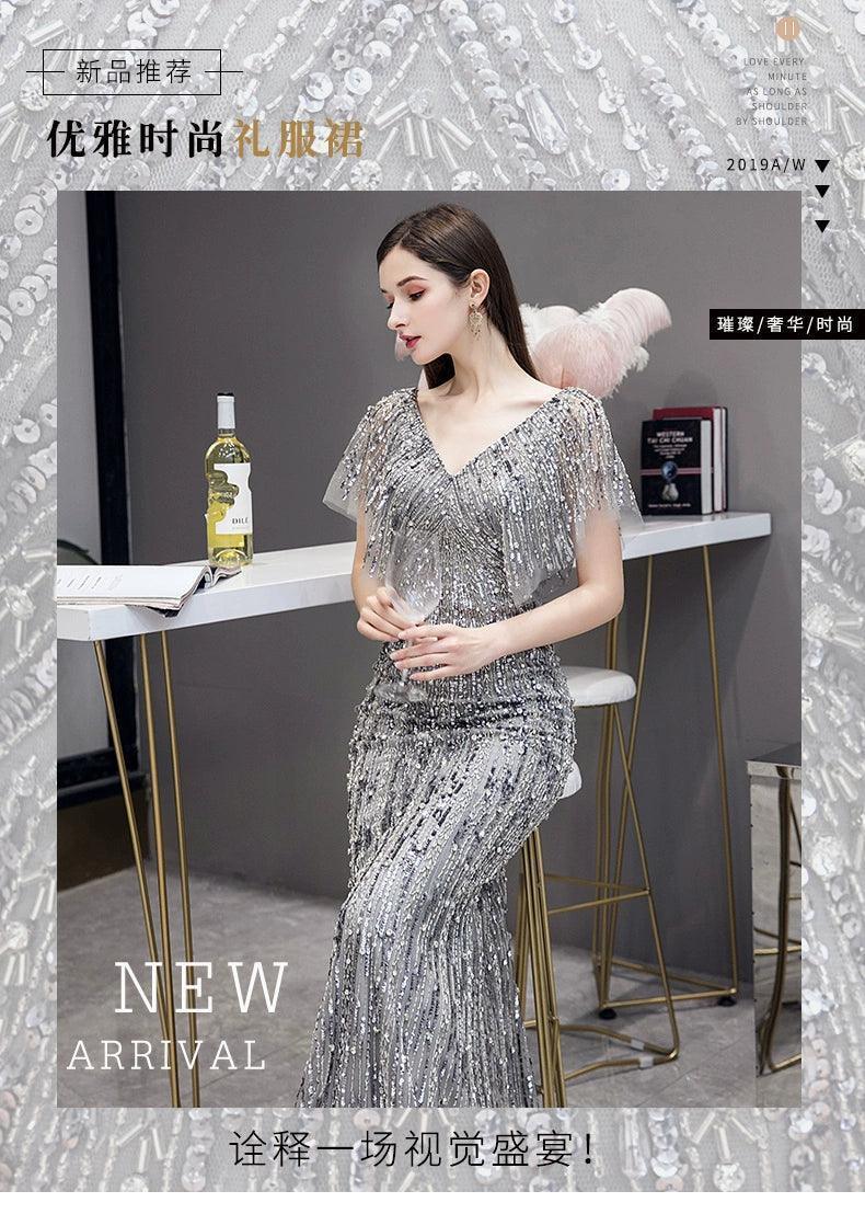 Vestido largo de noche sexy estilo sirena para mujer, vestido formal con cuentas y escote en V, vestido de graduación para mujer 