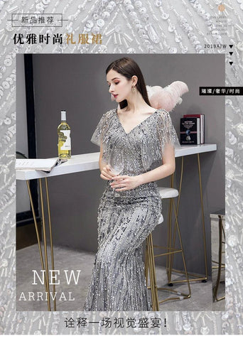 Robe de soirée sirène sexy pour femme, longue robe de soirée à col en V et perles 