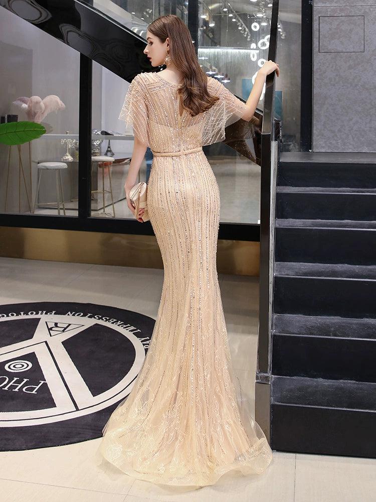Women's Mermaid Evening Dress Long V-Neck Prom Dresses Beaded Formal Dresses