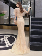 Women's Mermaid Evening Dress Long V-Neck Prom Dresses Beaded Formal Dresses