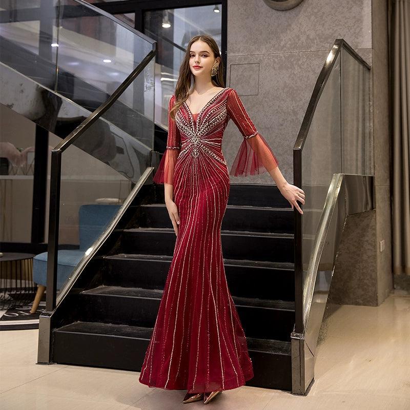 Women's Mermaid Evening Dress Long V-Neck Prom Dresses Beaded Formal Dresses