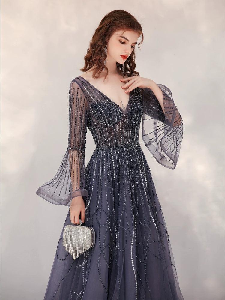 Vestidos de noche de corte A para mujer, vestidos de fiesta sexys, vestidos formales con escote en V y cuentas 
