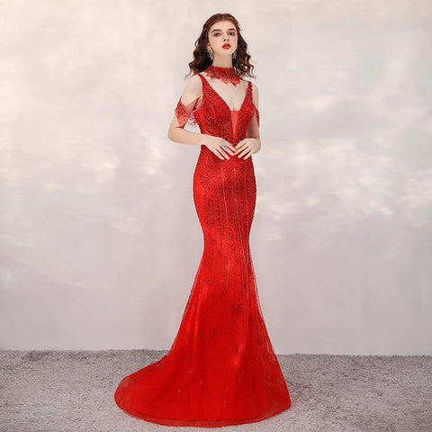 Robe de soirée sirène pour femme, robe de bal longue, robe de soirée perlée 