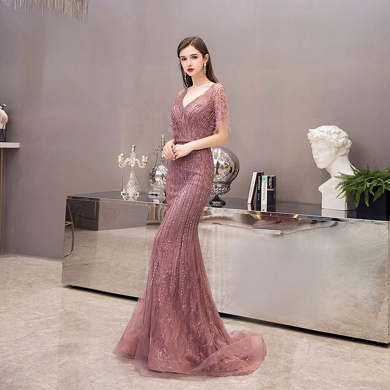Vestido de noche de sirena para mujer, vestido largo de fiesta con escote en V y cuentas, estilo formal, sexy y largo, para mujer. 