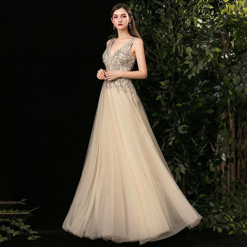 Robe de soirée trapèze sexy pour femme, sans manches, col en V, perles 