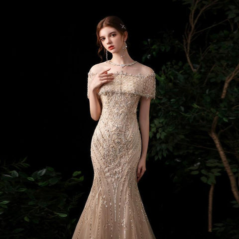 Robe de soirée sirène sexy pour femme, robe de bal longue et élégante avec perles 