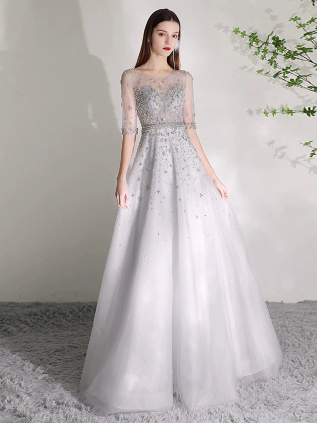 Women's A-Line Evening Dress Beaded Sexy Prom Dresses Half Sleeve Formal Dresses for Women