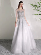 Women's A-Line Evening Dress Beaded Sexy Prom Dresses Half Sleeve Formal Dresses for Women