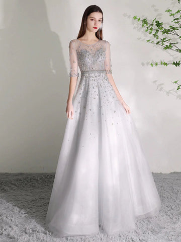 Robe de soirée trapèze pour femme, robe de bal sexy à perles, manches mi-longues, robe formelle pour femme 