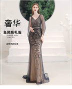Women's Mermaid Evening Dress Long  Prom Dresses Beaded V-Neck Formal Dresses