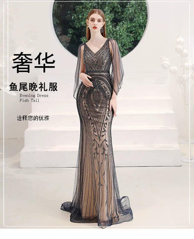 Robe de soirée sirène longue pour femme, robe de bal perlée à col en V 