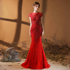 Robe de soirée sirène longue et sexy pour femme, sans manches, avec perles 