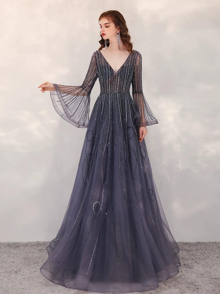 Vestidos de noche de corte A para mujer, vestidos de fiesta sexys, vestidos formales con escote en V y cuentas 