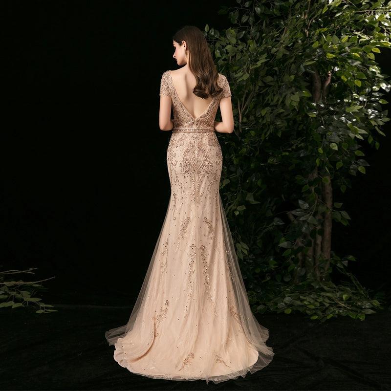 Women's Mermaid Evening Dress Long V-Neck Prom Dresses Beaded Formal Dresses
