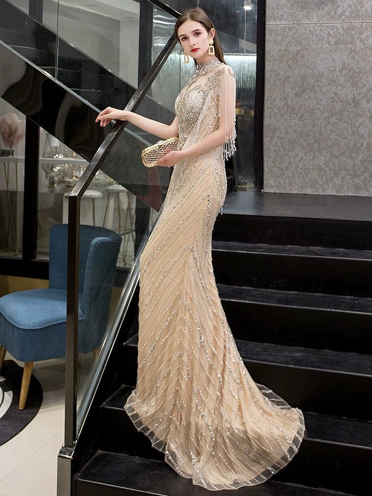 Robe de soirée sexy pour femme 2024, style sirène, sans manches, longue robe de soirée perlée 