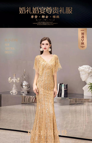 Women's V-Neck Evening Dress Sexy Prom Dresses Beaded Formal Dresses for Women
