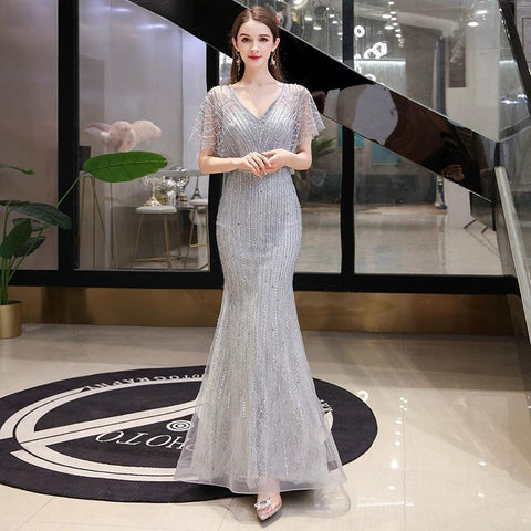 Robe de soirée sirène pour femme, col en V, robe de soirée longue et sexy, ornée de perles 