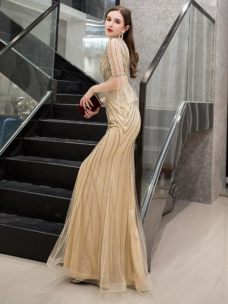 Women's Mermaid Evening Dress V-Neck Prom Dresses Beaded Formal Dresses for Women