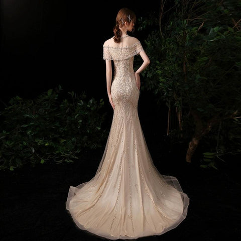 Robe de soirée sirène sexy pour femme, robe de bal longue et élégante avec perles 