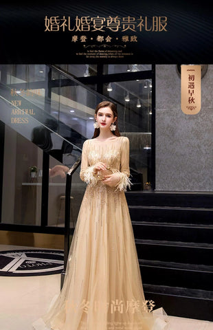 Women's Long Sleeve Prom Dresses Sexy A-Line Evening Dress Beaded Formal Dress for Women