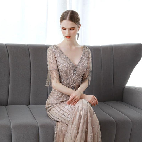 Robe de soirée sirène pour femme, robe de bal longue à col en V et perles 