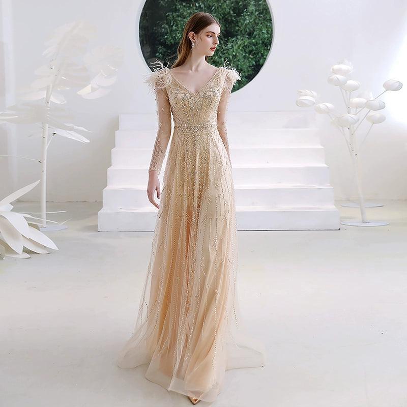 Women's A-Line Evening Dress Sexy Prom Dresses Sleeveless Beaded V-Neck Formal Dresses
